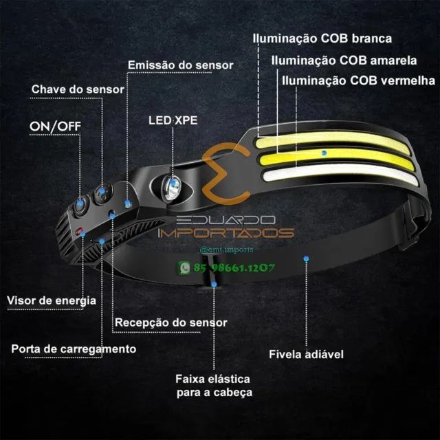 Lanterna de Cabeça Recarregável 3 LEDs COB 500 Lumens - Foto 5