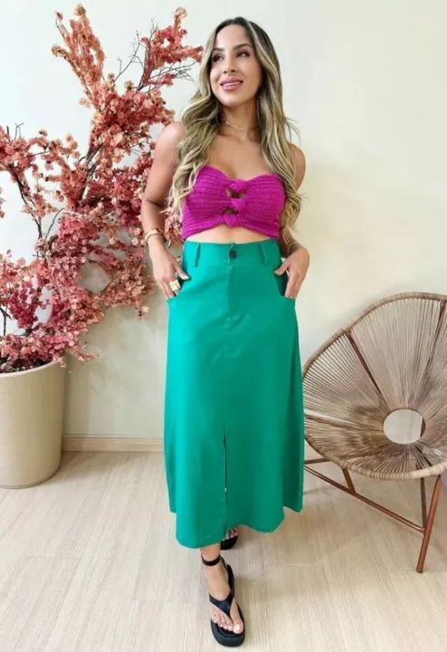 Saia midi verde em linho