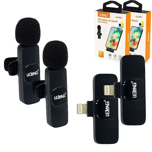 Kit Duplo Microfone Lapela Sem Fio iPhone Lightning com 2 Lapelas + 2 Receptores - Lelong