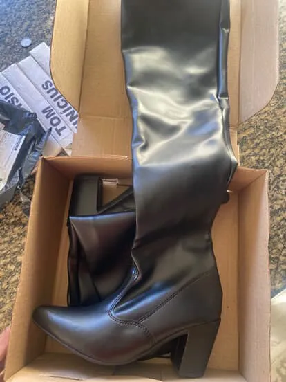Bota Feminina Cano Longo Salto Bloco Preta Couro sintético 35