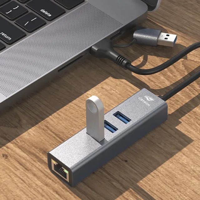 Hub Adaptador USB-A/USB-C RJ45 C3Tech HU-LAN1000GY 4 em 1 3USB 3.0/RJ45 1000MBPS - WZetta - Foto 2