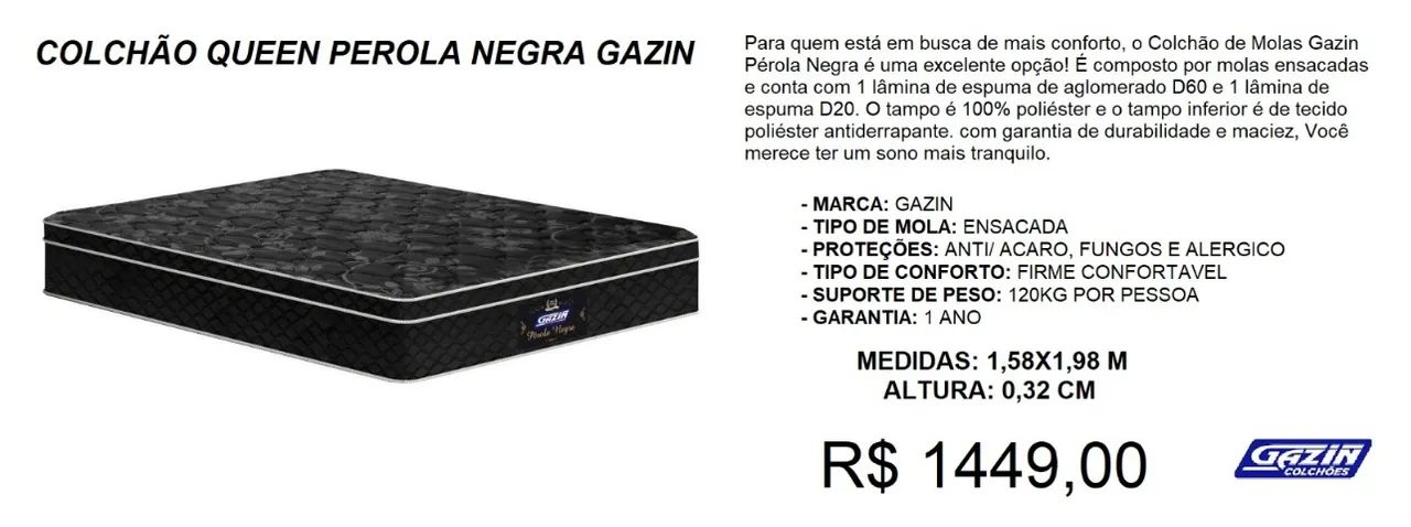 COLCHÃO QUEEN GAZIN MOLAS ENSACADAS A PRONTA-ENTREGA 