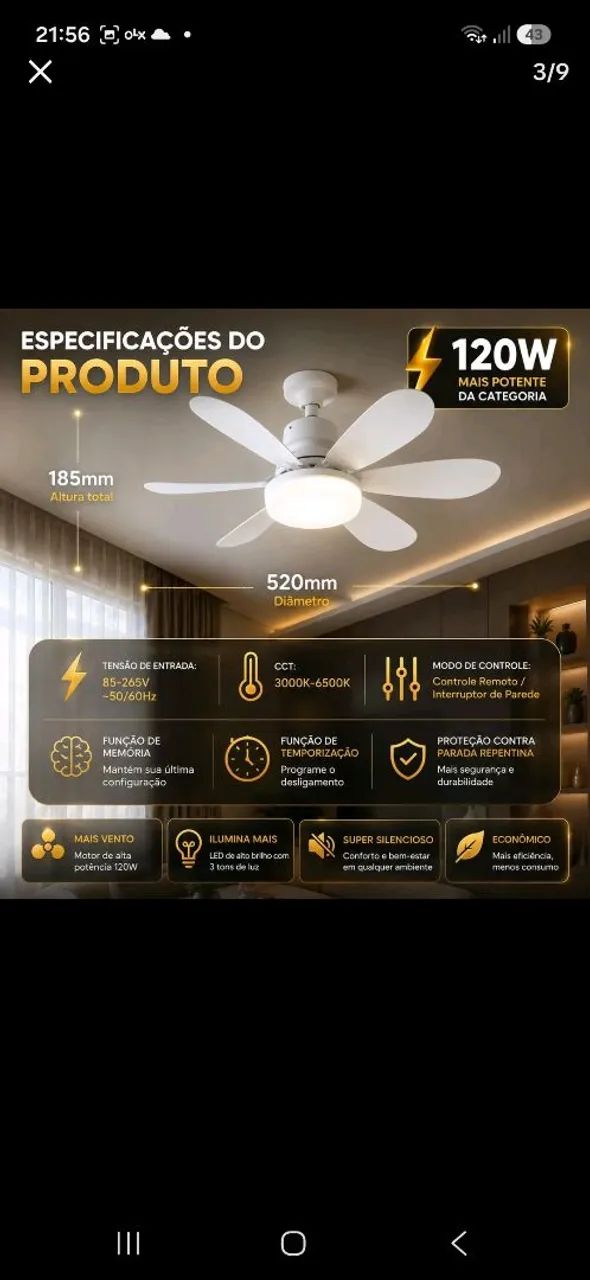 Ventilador de teto com lampada - Foto 3