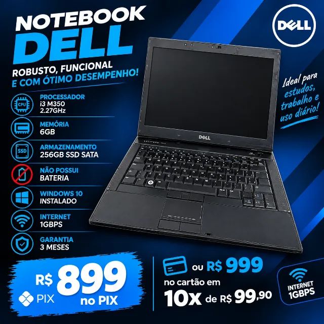 Notebook DELL i3 M350 + 6GB Ram + 256GB SSD - Com Garantia