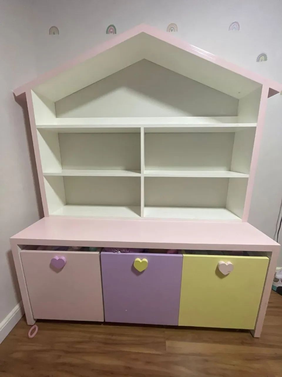 Toy Storage Shelf Shaped Like a House with 3 Toy Chests