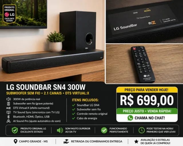 Soundbar LG SN4 2.1 canais 300W RMS Subwoofer Wireless Sound Pro