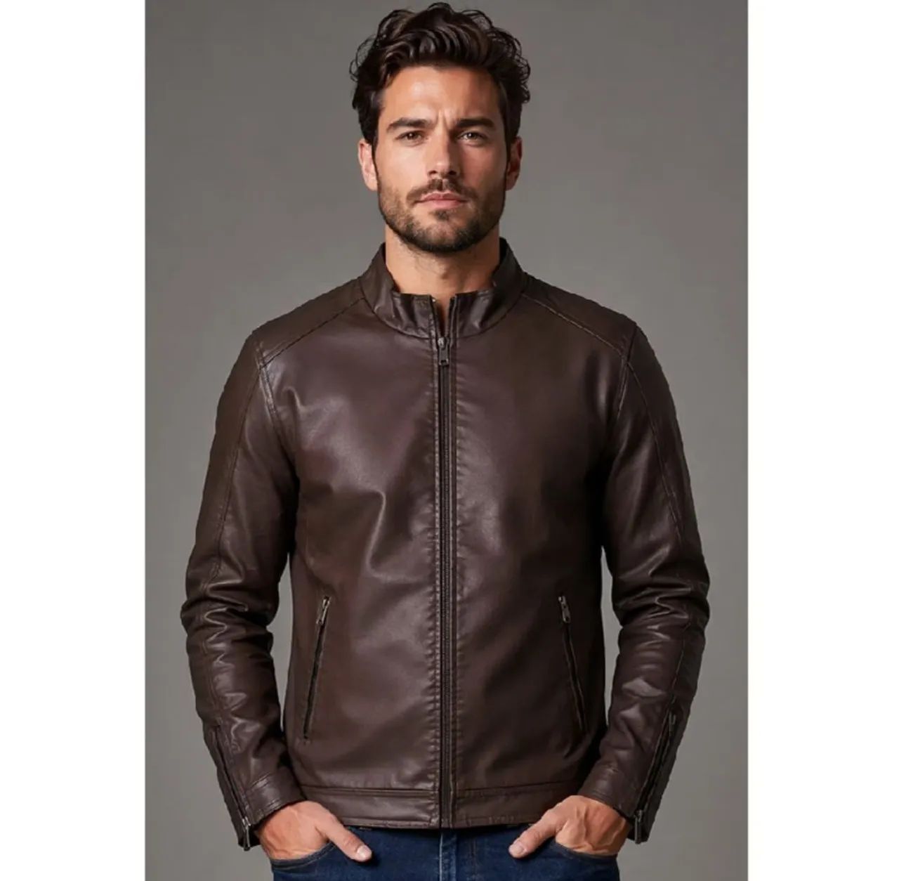Jaqueta de Couro Marrom Biker