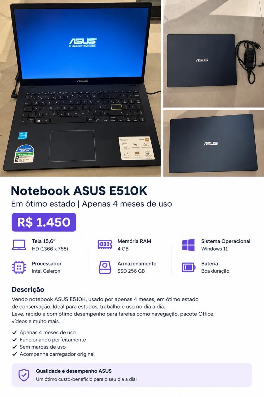 Notebook ASUS E510K (Seminovo - 4 meses de uso) 