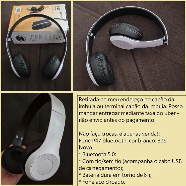 Fone P47 bluetooth branco novo