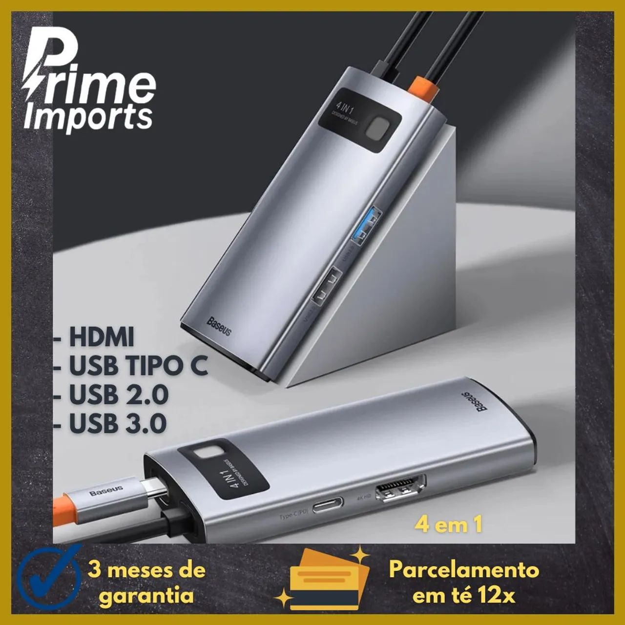 Hub USB-C Baseus 4 em 1 com HDMI, 4K - LACRADO 