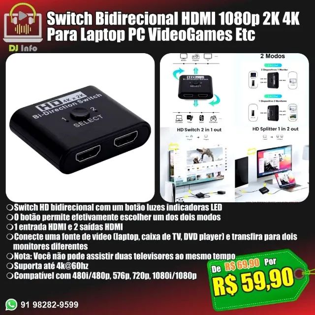 Switch Bidirecional HDMI 1080p 2K 4K Para Laptop PC VideoGames Etc