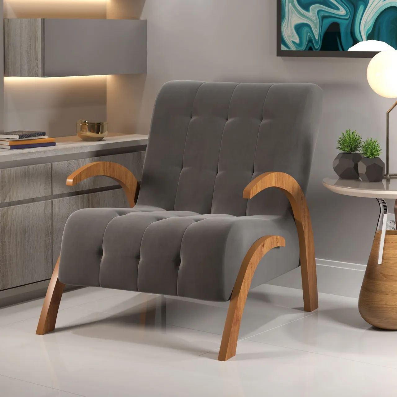 Poltrona Cinza Elegante com Detalhes em Madeira!! Lo