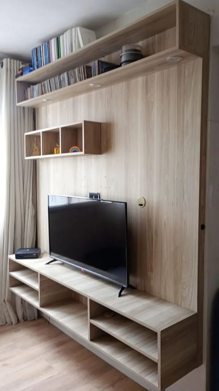 PAINEL COM RACK E PRATELEIRAS 100% MDF COR NOCE CALIFÓRNIA  - Foto 4