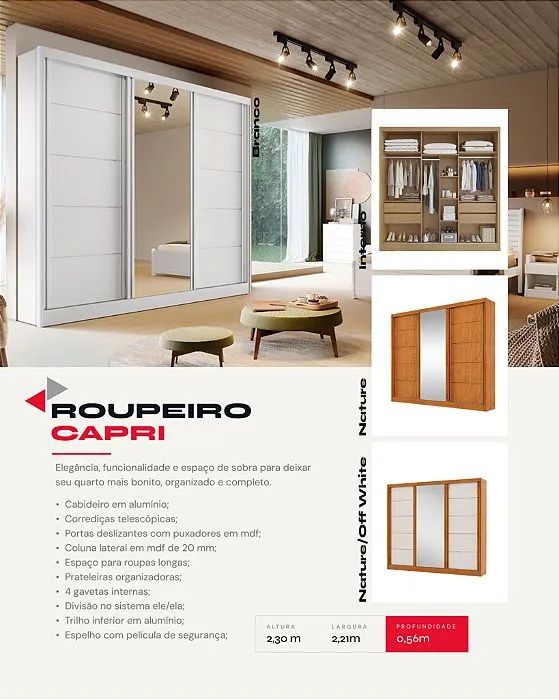 Roupeiro Capri 3 pts com 4 gavetas