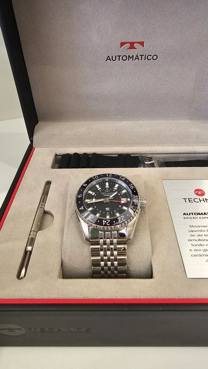 Relógio Technos automático GMT Prata lindo e raro