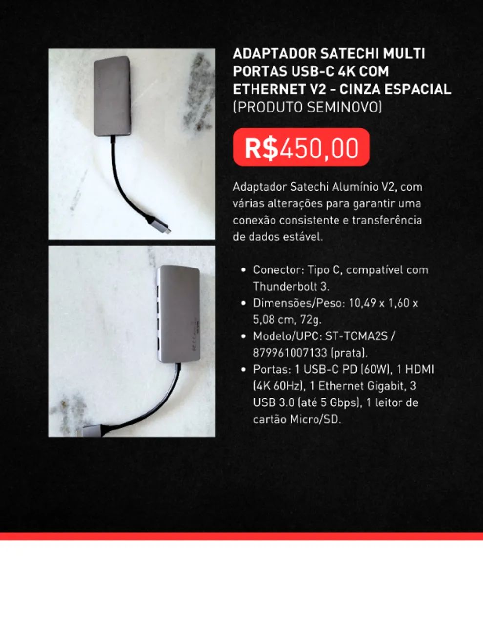 ADAPTADOR SATECHI MULTI PORTAS USB-C 4K COM ETHERNET V2 - CINZA ESPACIAL