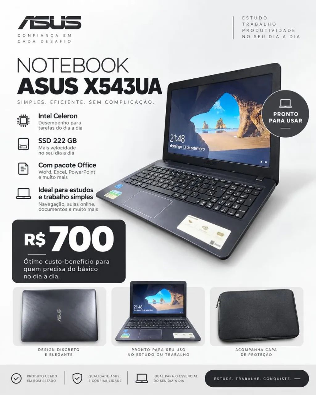 Notebook ASUS X543UA + SSD + Office | Ideal para Estudos