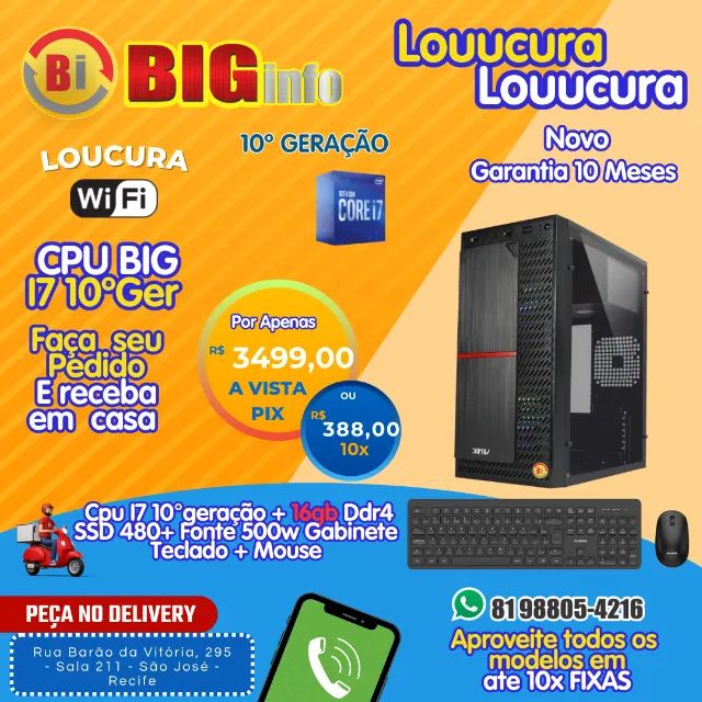 Computador Intel Core I7 10 Geração 5.0ghz, 16gb Ddr4, Ssd 480Gb, Fonte 500w - Em ate 10x 