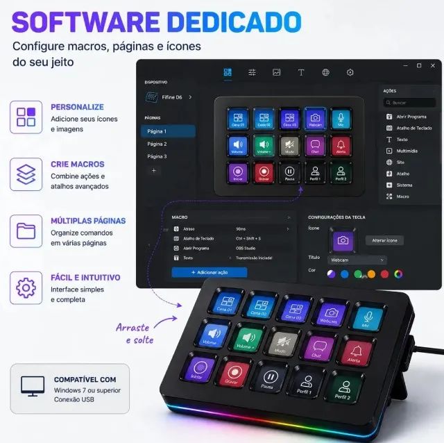 Stream Deck Fifine D6 15 Teclas Mesa Controladora Preto Usb Rgb - Foto 3