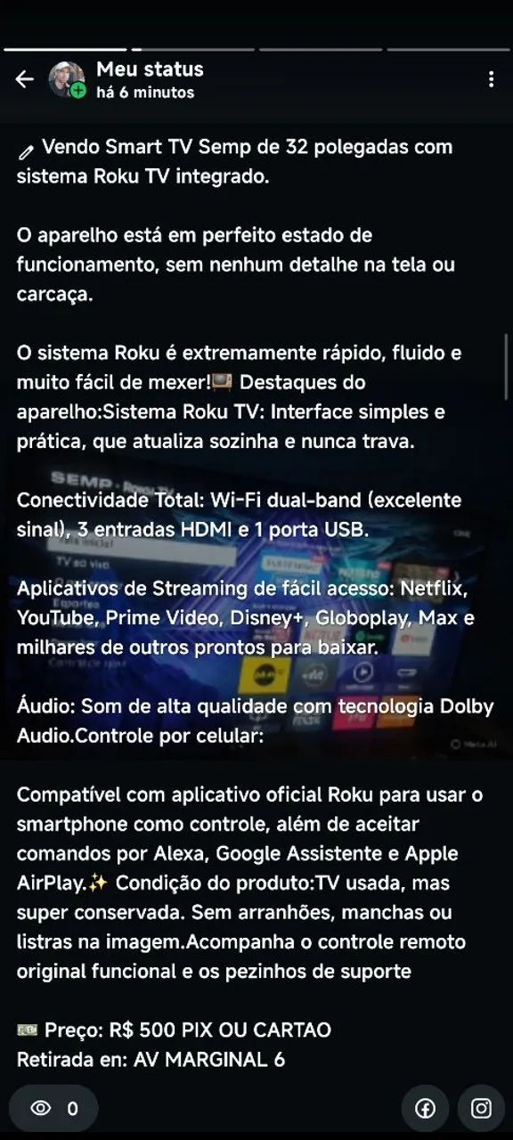 Vendo Smart TV Semp de 32 polegadas com sistema Roku TV integrado
