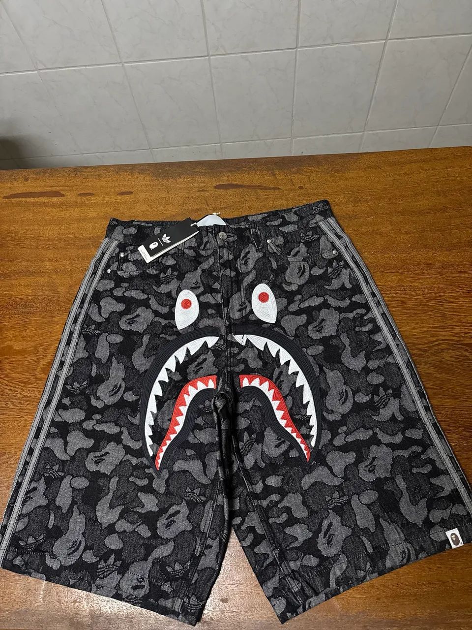 bape x adidas black camo jorts - m
