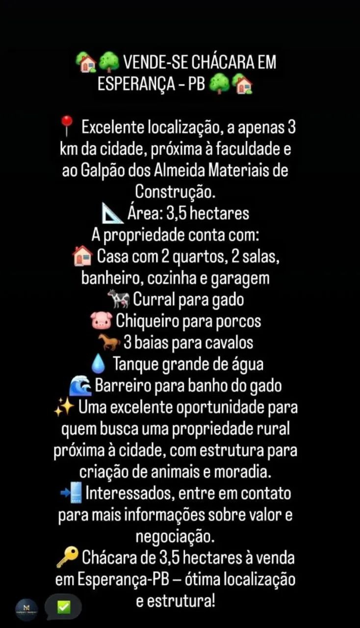 Vende-se chácara na cidade de esperança Pb