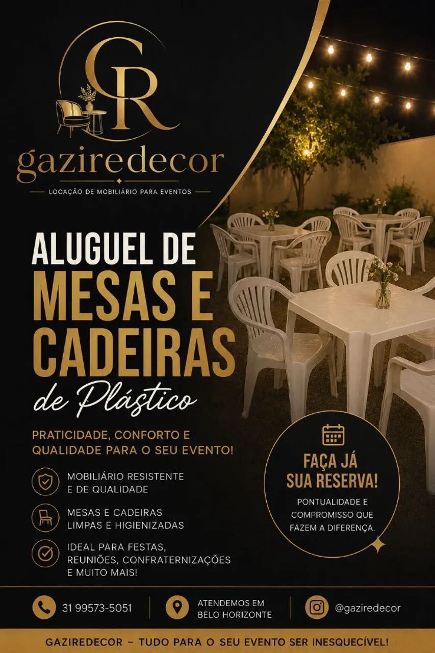 ALUGUEL DE MESAS E CADEIRAS DE PLÁSTICO 