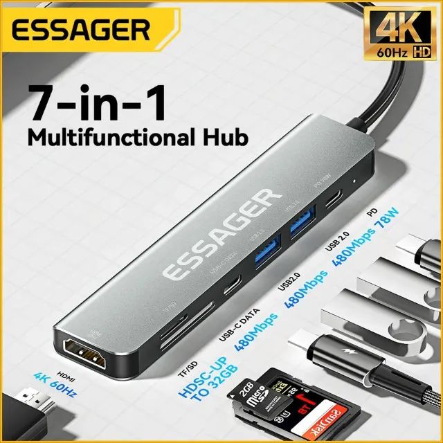 Hub Essager Adaptador 7x1 Usb-c Hdmi 4k Usb 3.2 Pd 60w Sd Tf - Hub