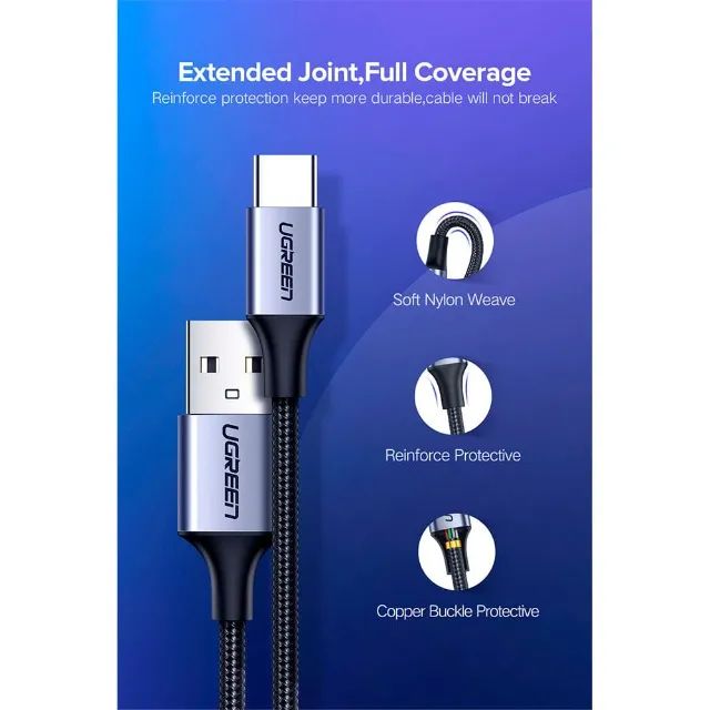 Cabo Usb Tipo-c Android Reforçado Ugreen Nylon Turbo 3a 1mt - Foto 3