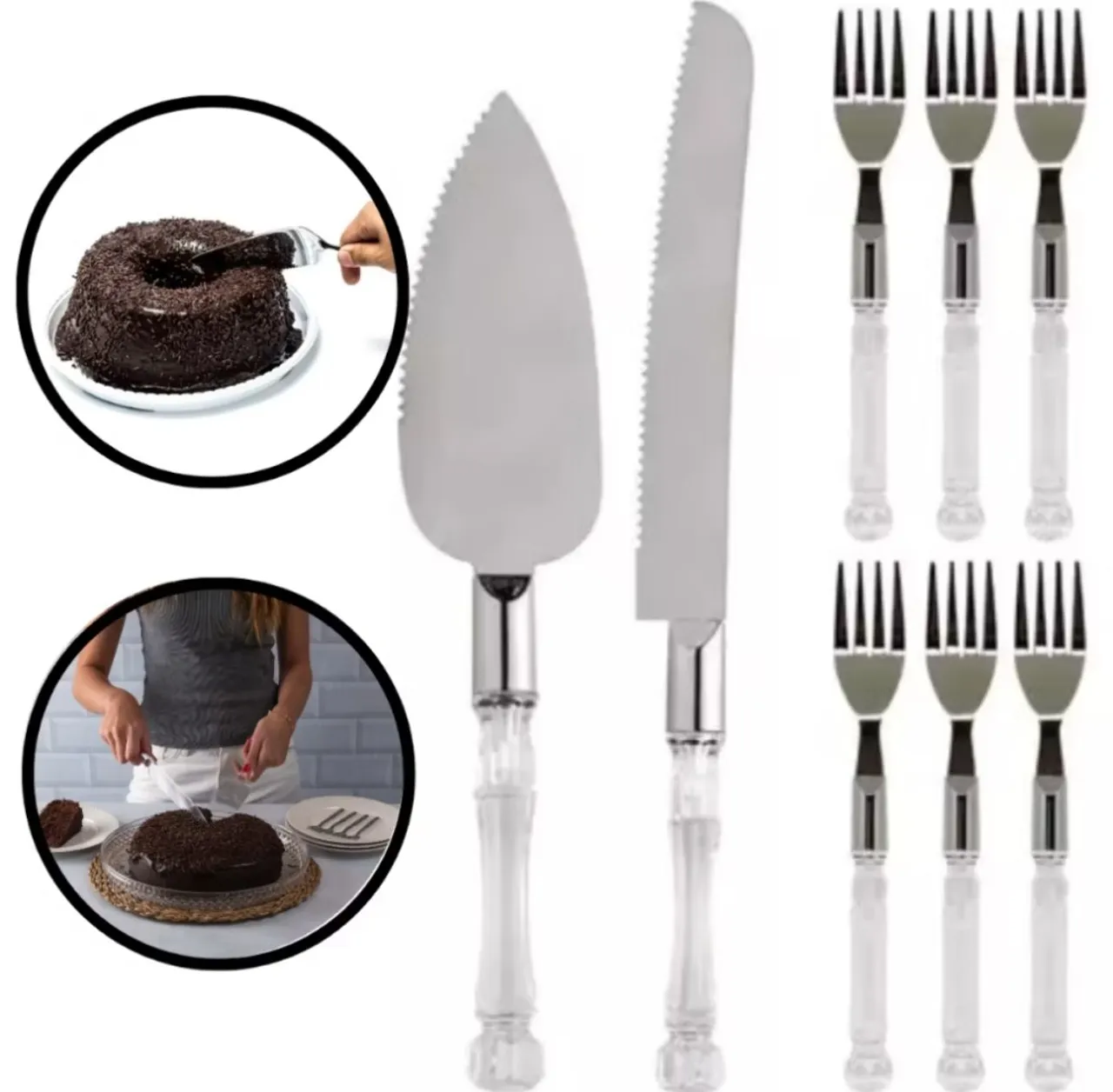 Kit para Bolo com Faca, Espátula e Garfos - Elegância na sua mesa!