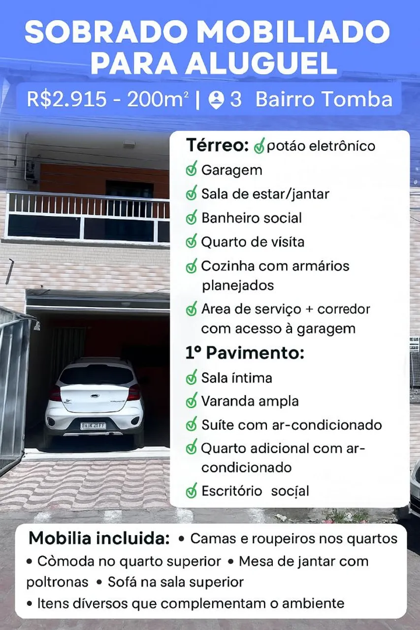 SOBRADO MOBILIADO PARA ALUGUEL COM ENERGIA SOLAR E AR CONDICIONADO NO BAIRRO TOMBA!!!