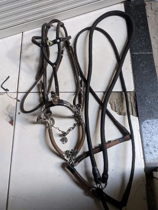 Cabeçada de vaquejada completa 2 rédeas + freio professora + cabeçada de couro legítimo  - Foto 4