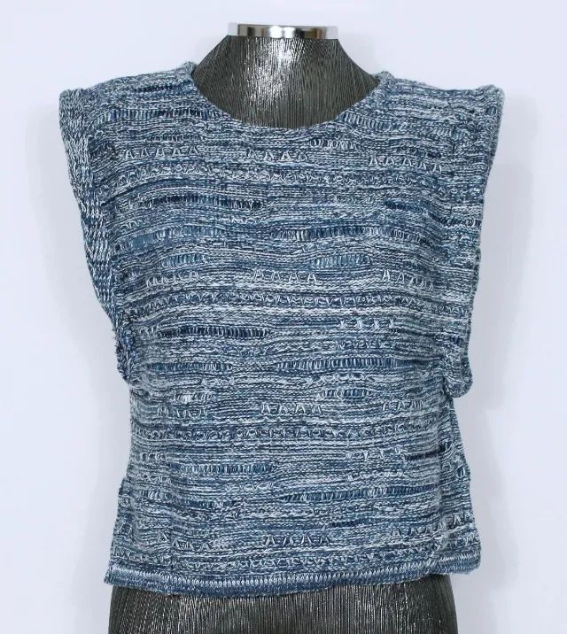 Colete feminino tricot azul e branco Le Lis Blanc inverno - Veste M - Ref. 3926