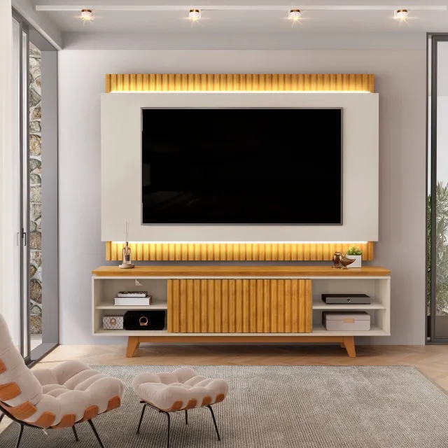 BANCADA COM PAINEL RIPADO COM LED PARA TV'S ATÉ 75"