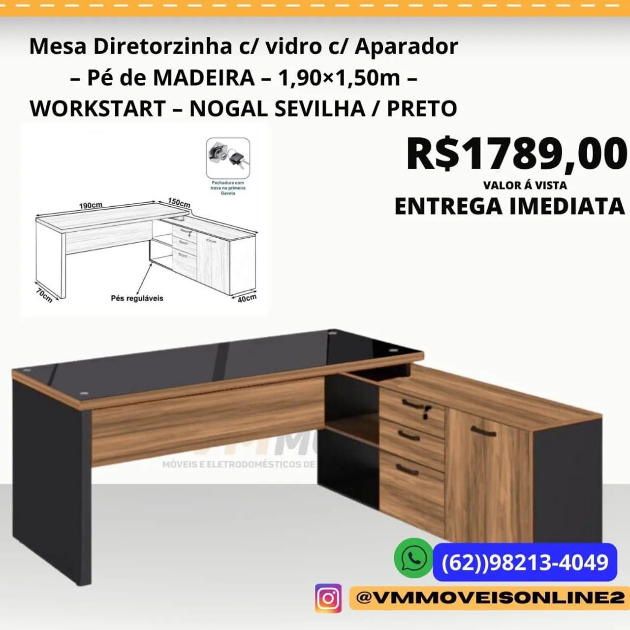 Mesa de escritório Diretorzinha c/ Vidro e Aparador - Nogal Sevilha