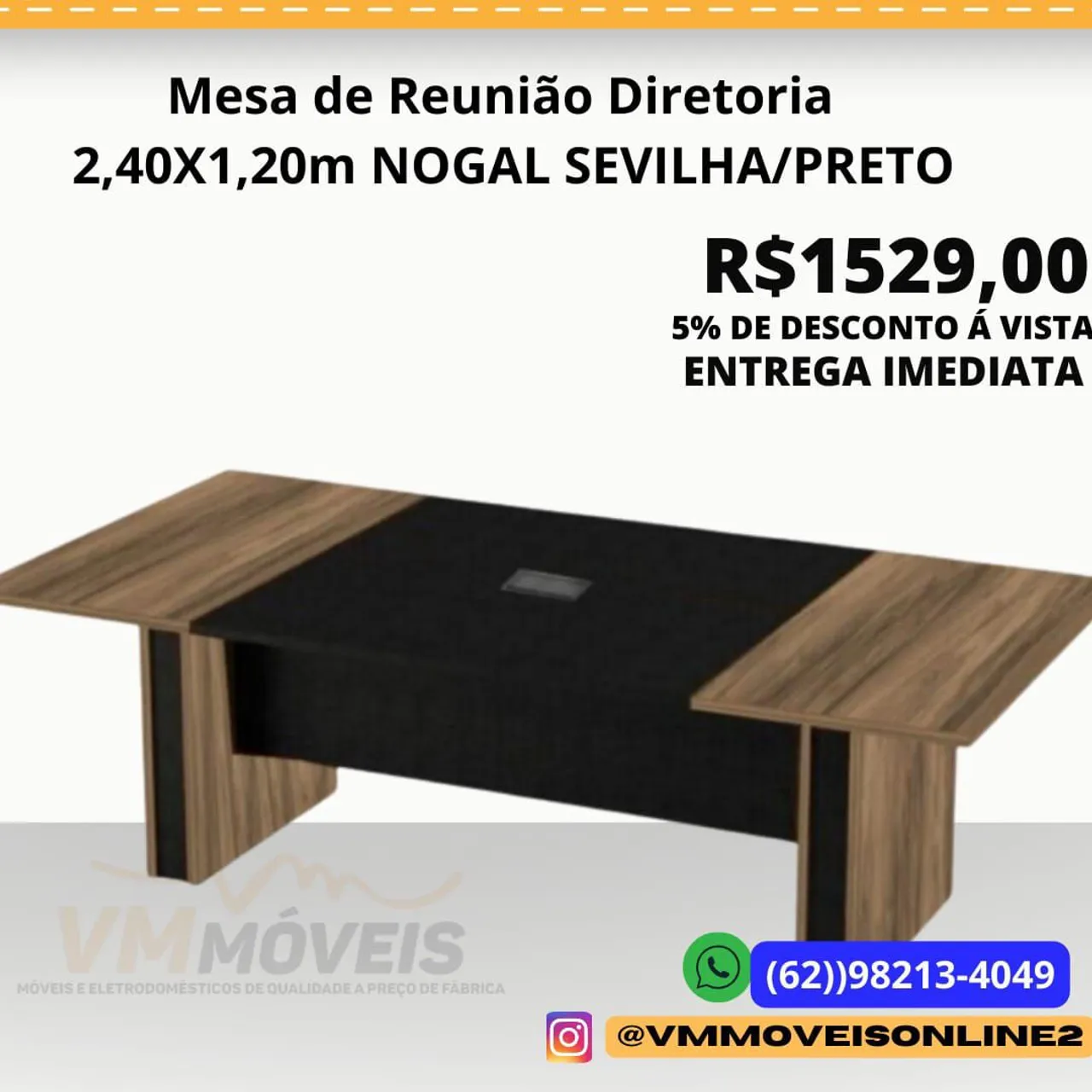 Mesa de Reunião Diretoria 2,40x1,20m Nogal Sevilha/Preto