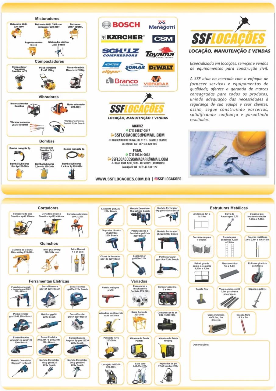 Locação / aluguel de máquinas e equipamentos 