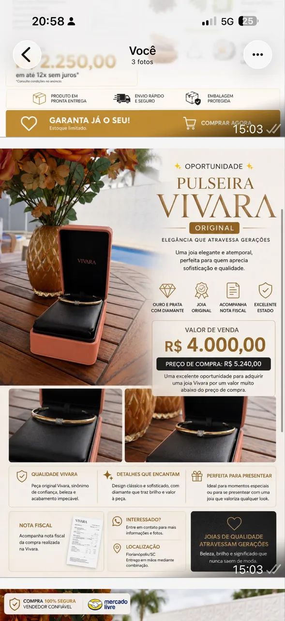 Pulseira Vivara Original Ouro e Prata com Diamante + Nota Fiscal - Foto 3