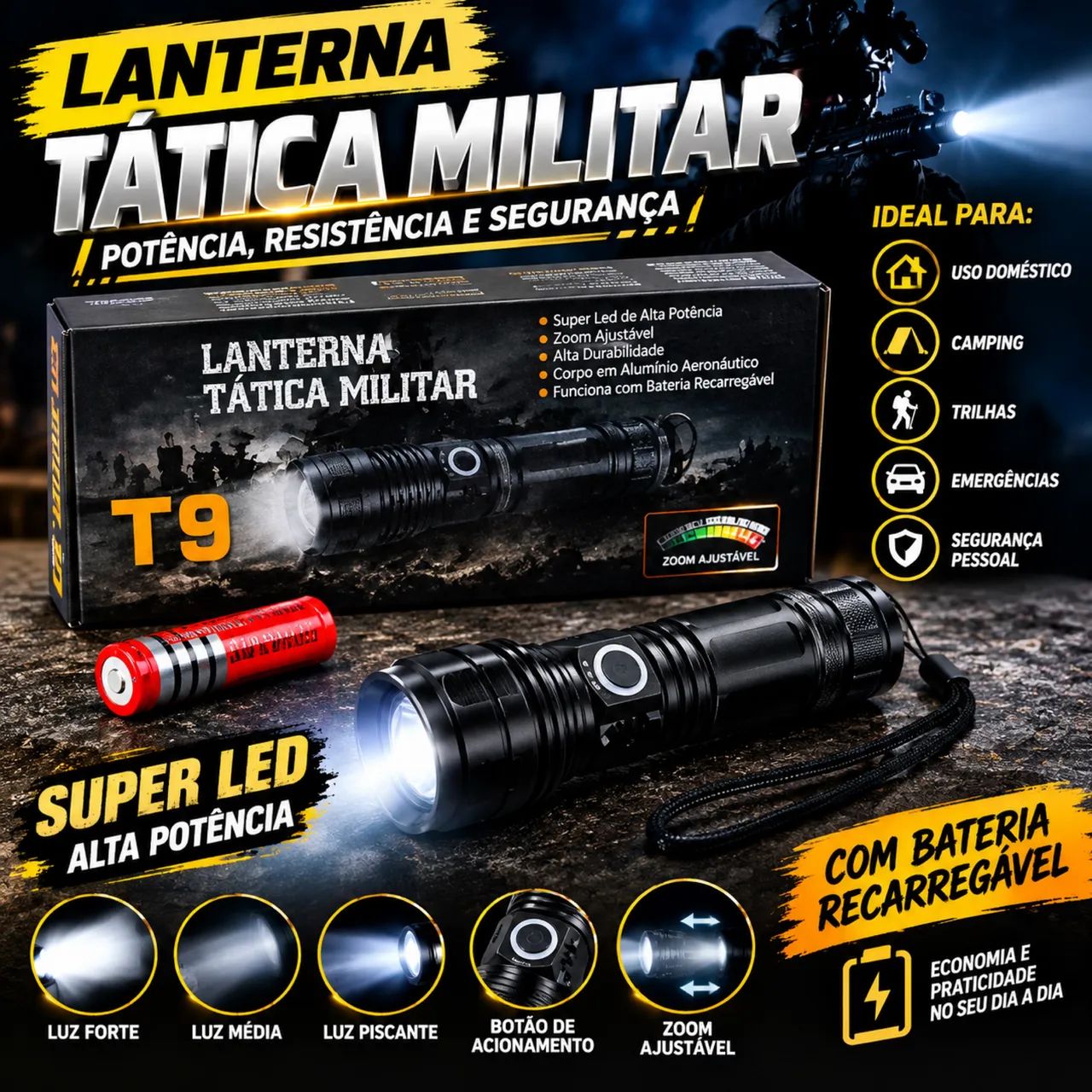 Lanterna Tática Militar T9 - Poderosa, Resistente à Água para Camping e Segurança - Foto 2