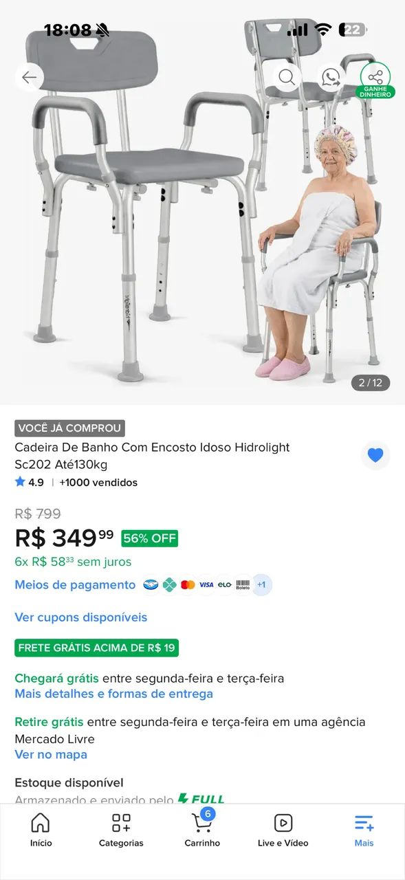 Cadeira de Banho Hidrolight com Encosto e Apoio de Braços - NOVA E LACRADA