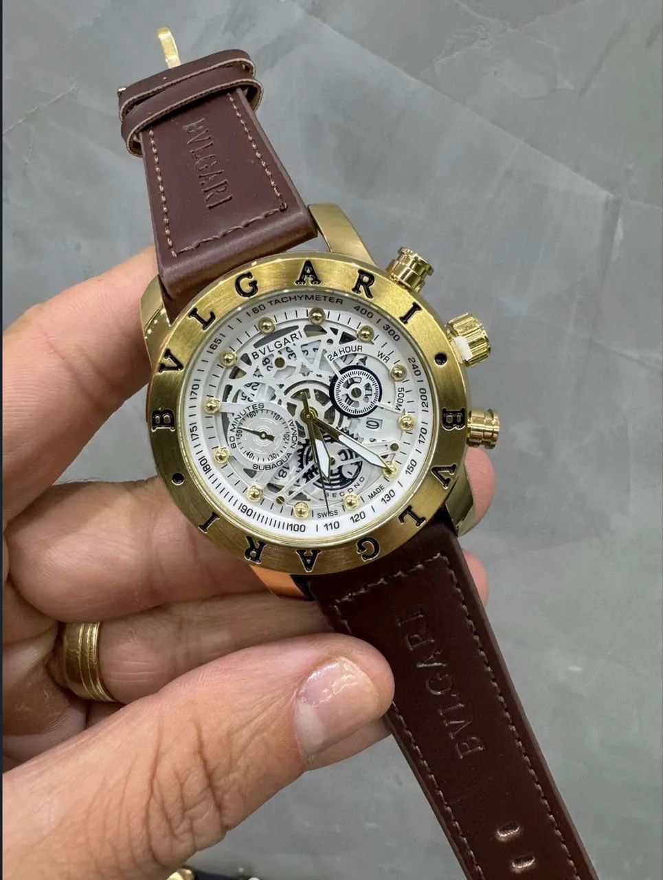 Relógio Blvgari skeleton pulseira de couro 