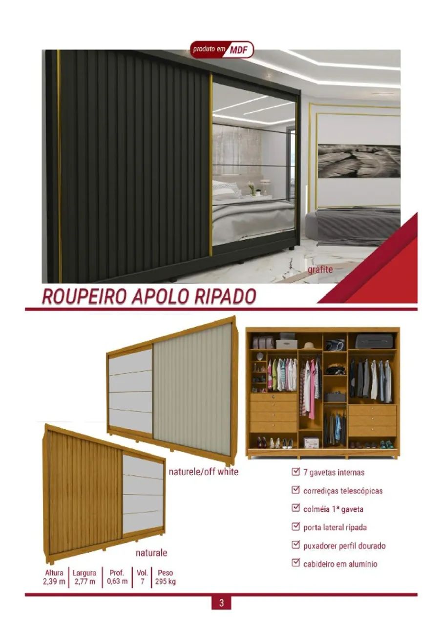Roupeiro Guarda Roupa Apollo Ripado 100% MDF