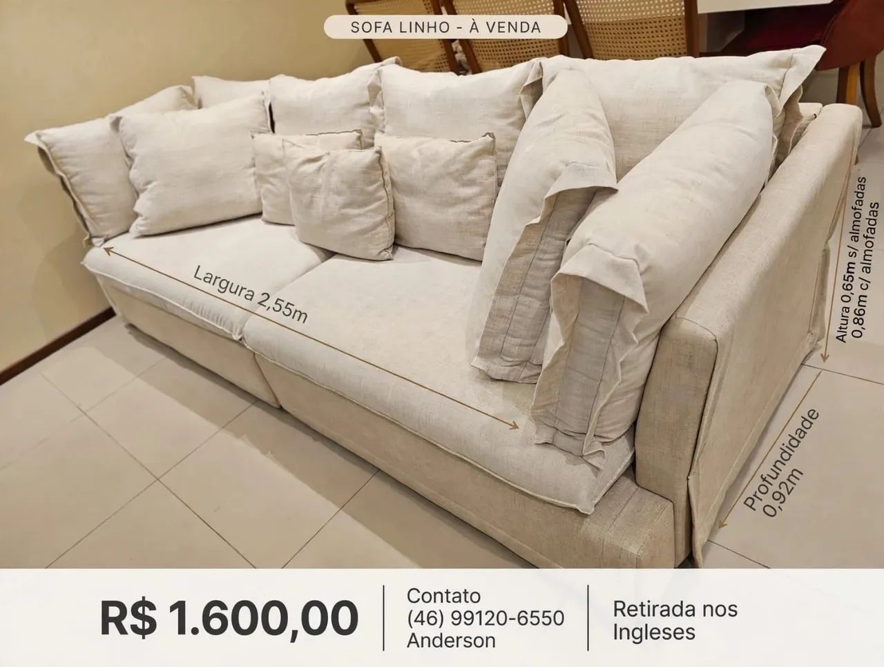 Sofá 5 lugares em linho cru. 