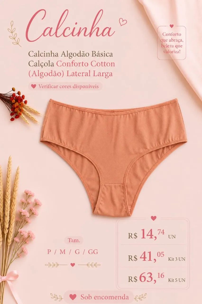 Kit 5 Calcinhas Básica Calçola Conforto Cotton (Algodão) Lateral Larga - Foto 5