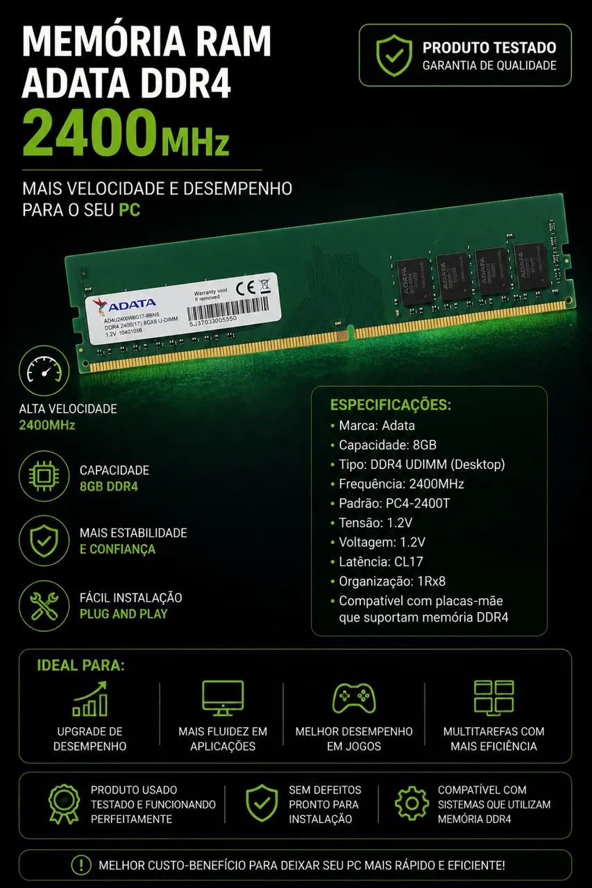 Memória RAM DDR4 8GB 2400MHz ADATA para PC Desktop