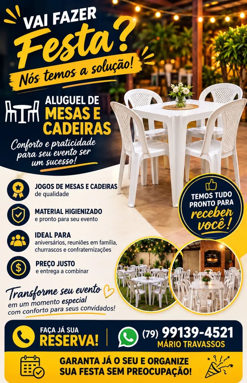Aluguel de mesas e cadeiras para seu evento!