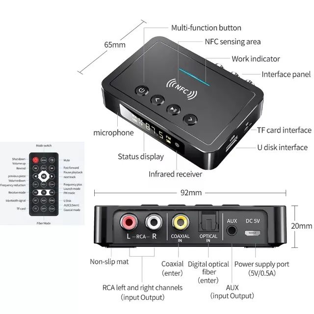 Receptor e Transmissor de Áudio Spdif Nfc Usb Fm Bluetooth 5.0 M6 - Foto 2