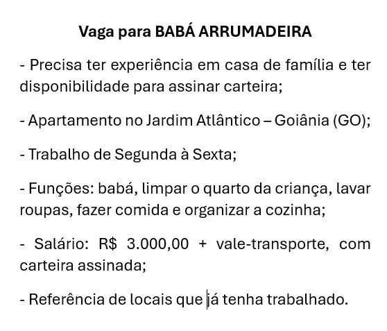Vaga para BABÁ ARRUMADEIRA