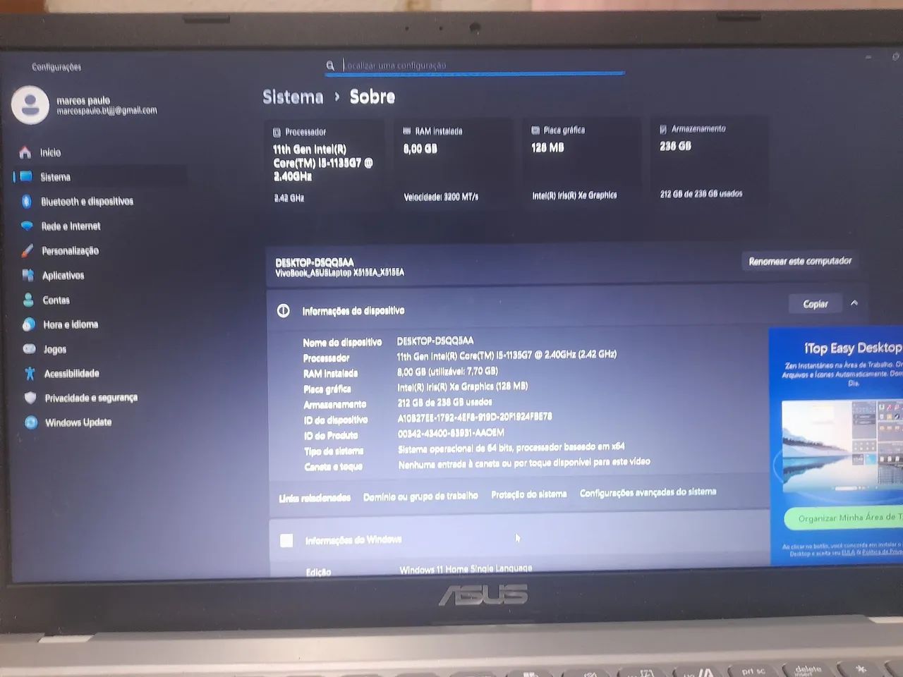 ASUS VivoBook i5 11ª Ger | Intel Iris Xe | 8GB RAM | SSD 256GB