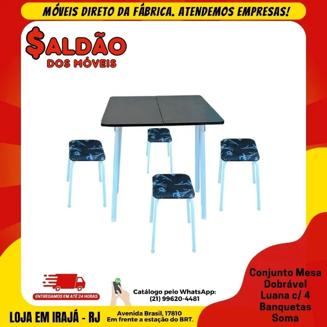 Conjunto Mesa Dobrável com 4 Banquetas Preto/Branco Soma - Ronaldão Móveis